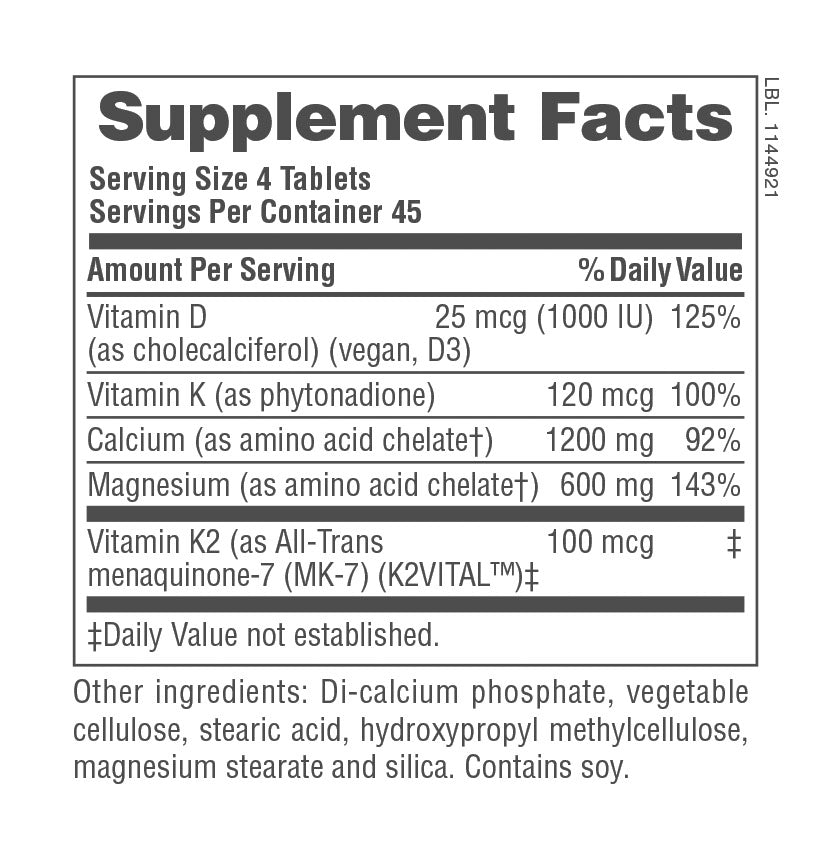 Comprimidos de calcio, magnesio y vitamina D3 con vitamina K2 (180 unidades)