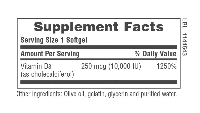 Cápsulas blandas de vitamina D3 de 10 000 UI
60 unidades