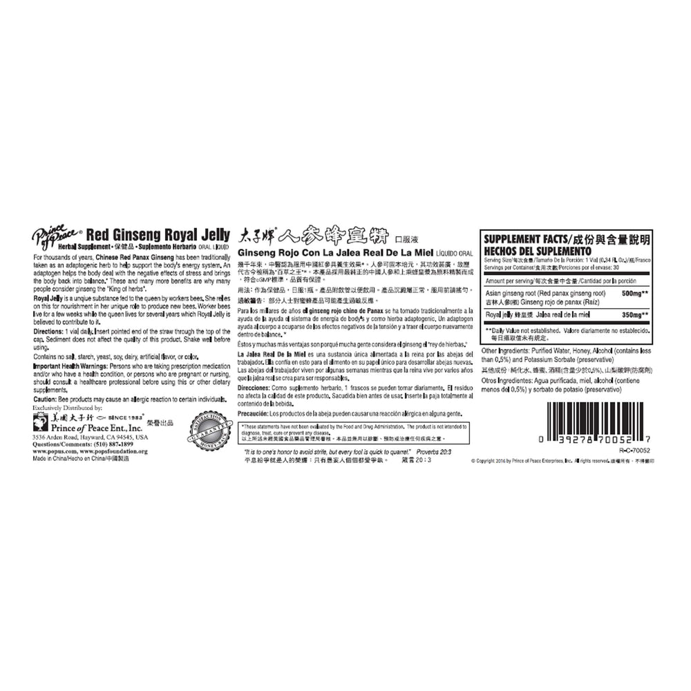 Jalea Real de Ginseng Rojo Príncipe de la Paz, 30 x 10 cc